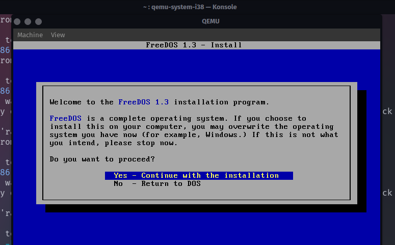 Installing FreeDOS in a QEMU instance.