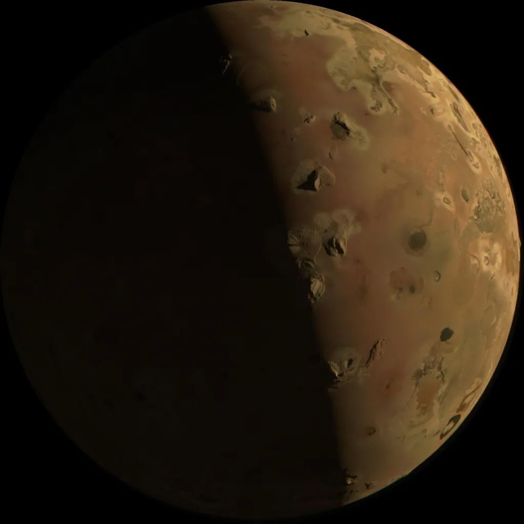 Jupiter's turbulent moon, Io, captured during a close approach by NASA's Juno spacecraft on Dec. 30, 2023.