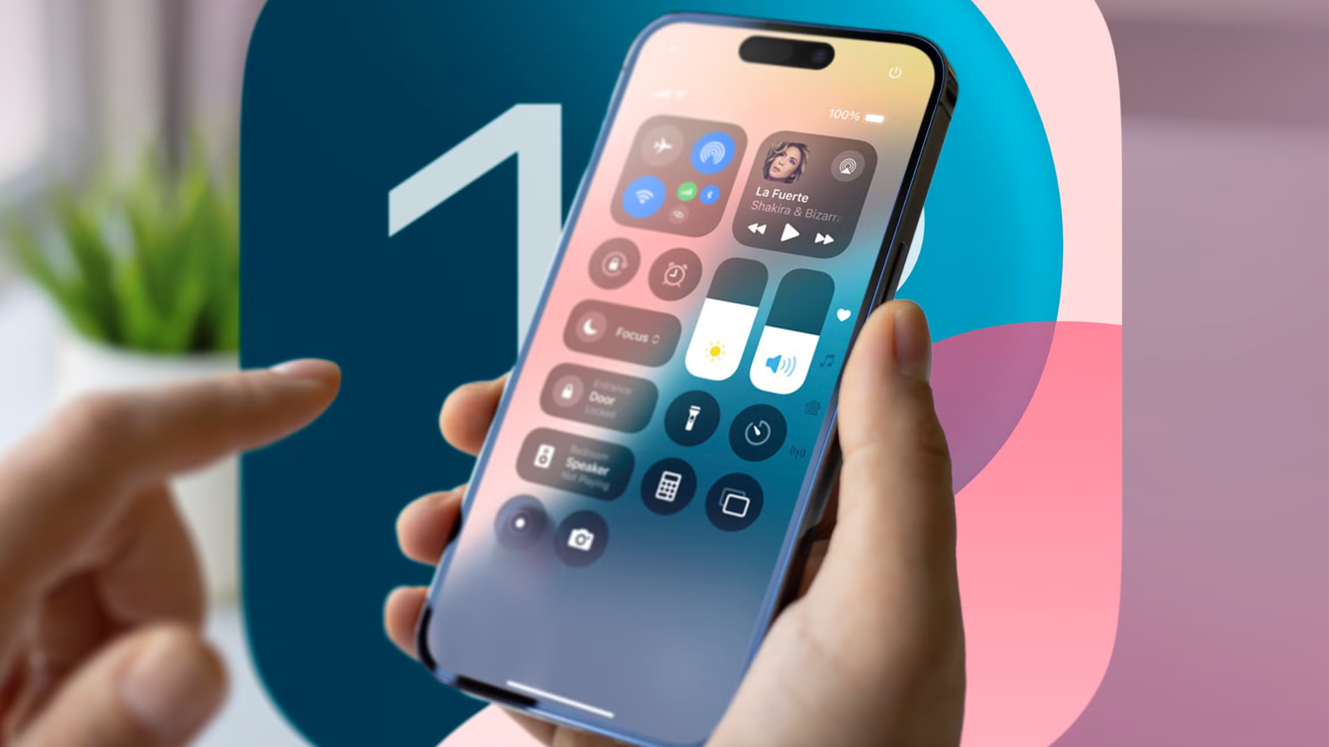 Image of the Control Center on an iPhone held in hand in front of iOS 18's mascot. 