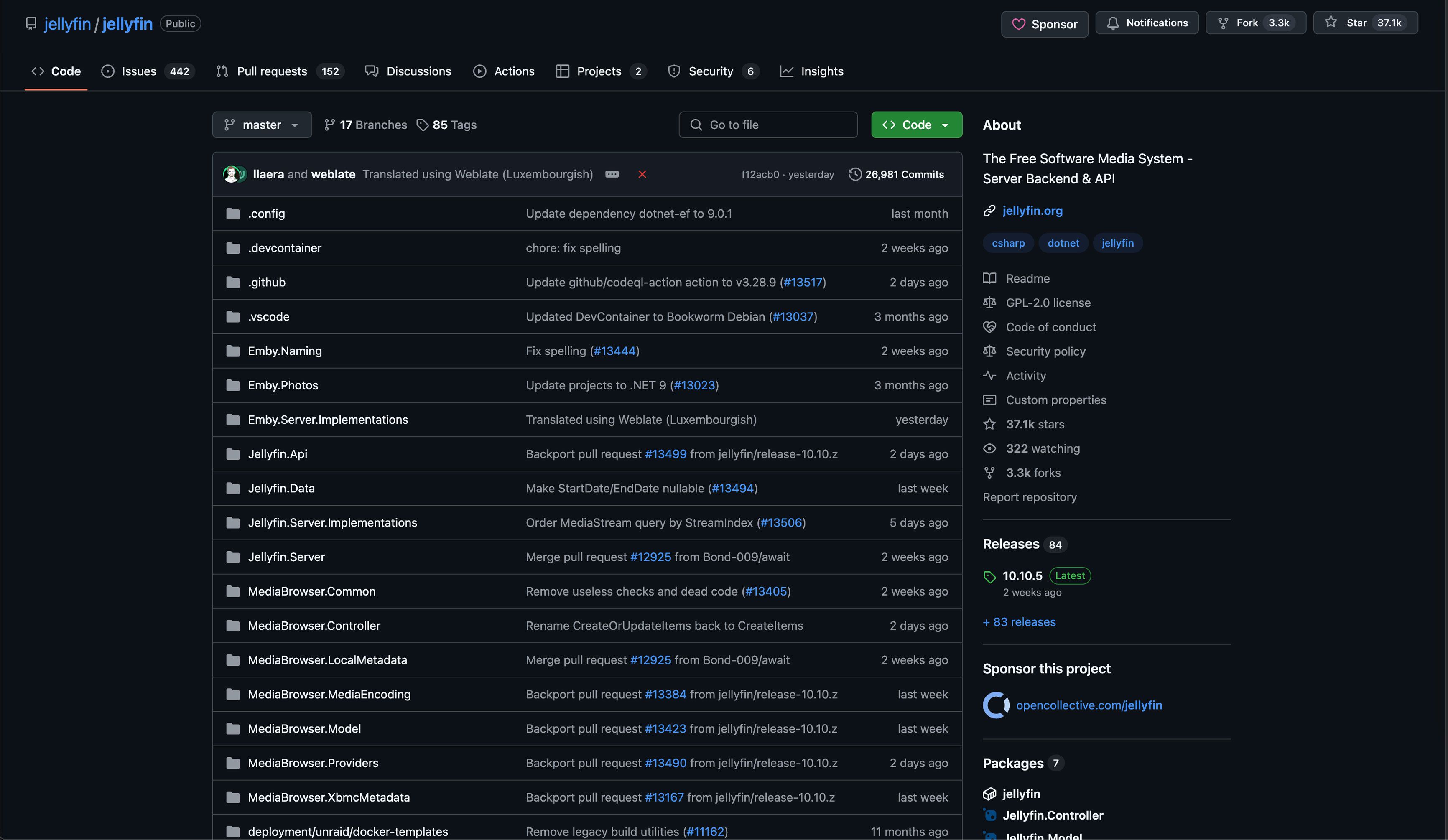 Jellyfin's GitHub page showing the open source nature of the software.