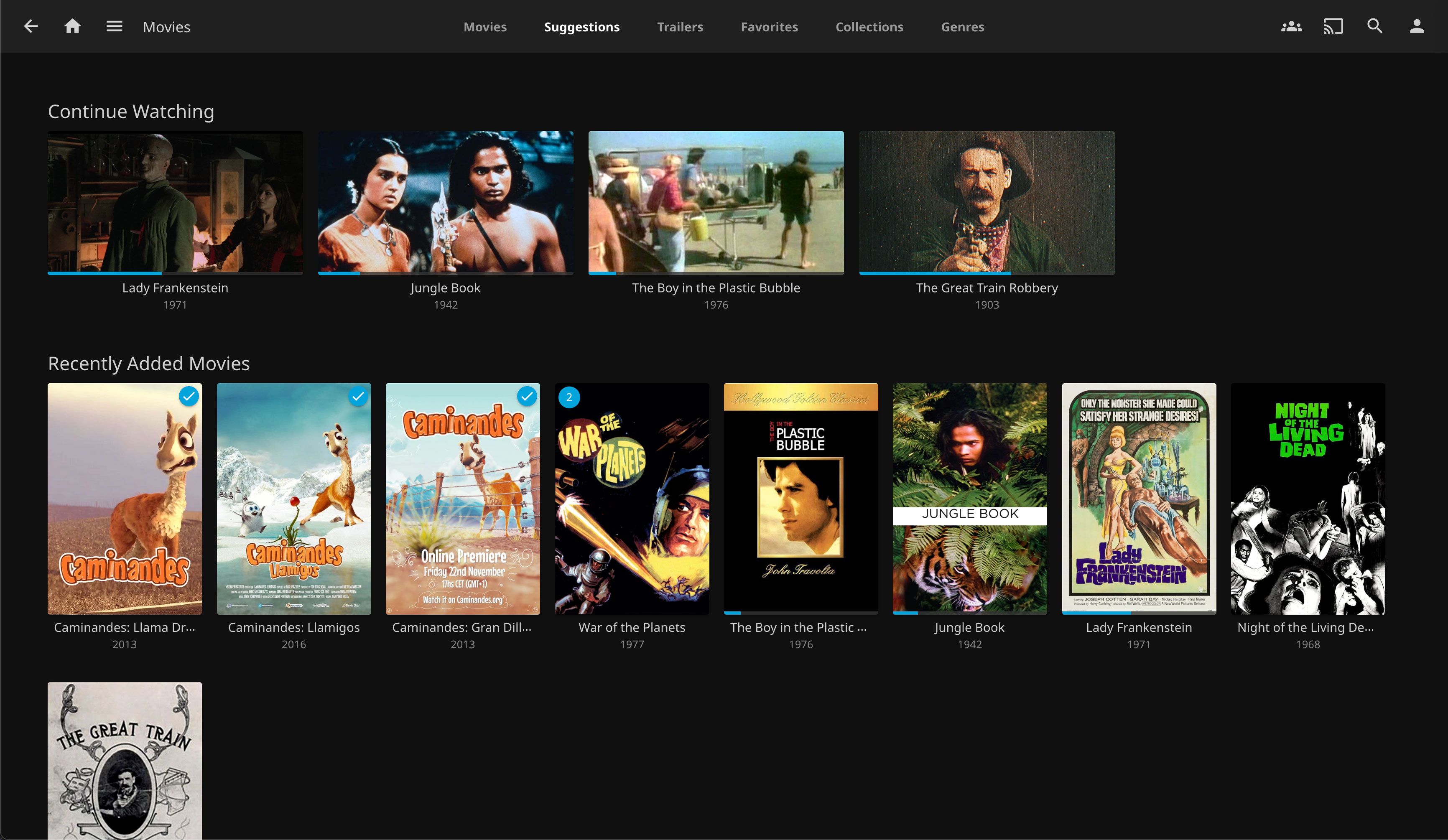 Jellyfin's suggestion page simply showing movies to continue watching without AI recommendations.