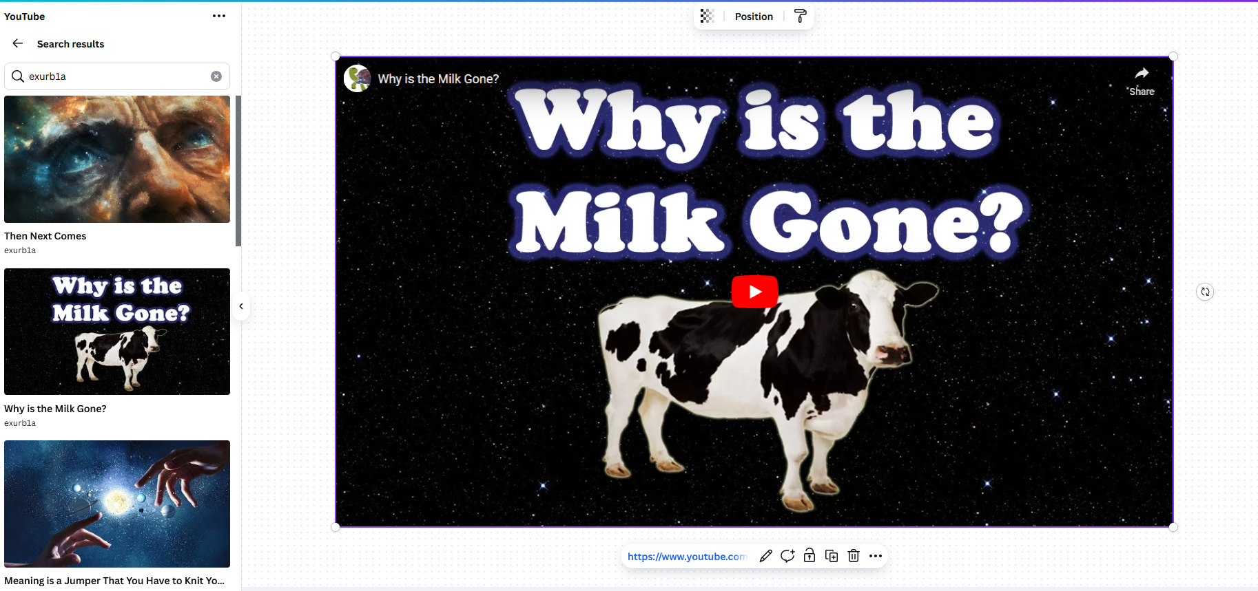 Embedding a YouTube video in a Canva project.