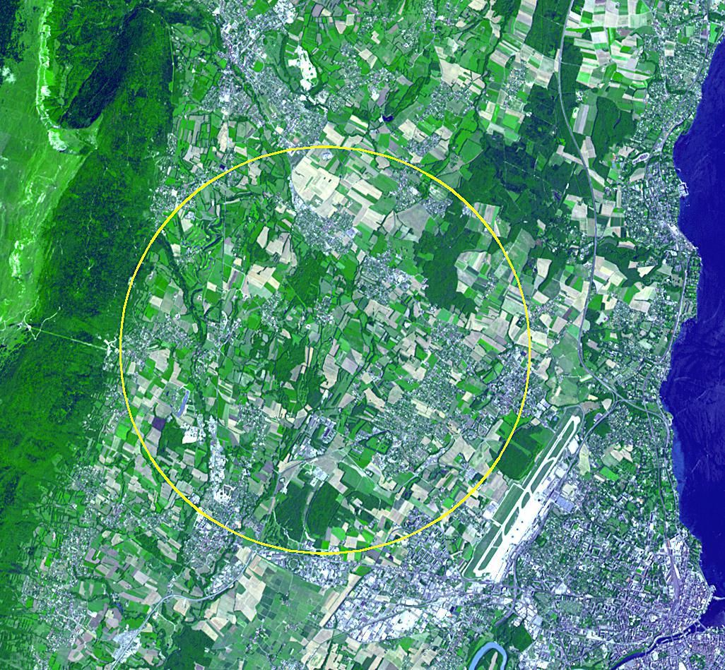 The CERN Large Hadron Collider laying beneath the French-Swiss border northwest of Geneva.