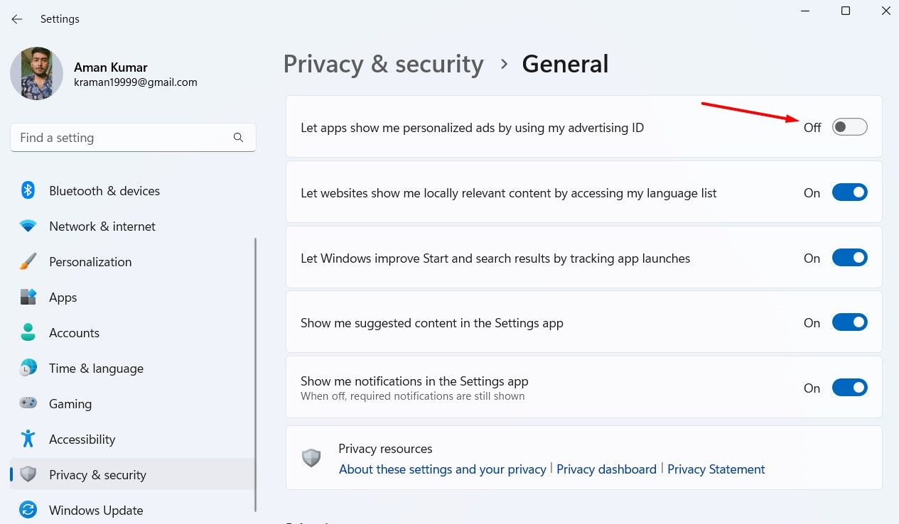 Let apps show me personalized ads by using my advertising ID toggle in Settings app.