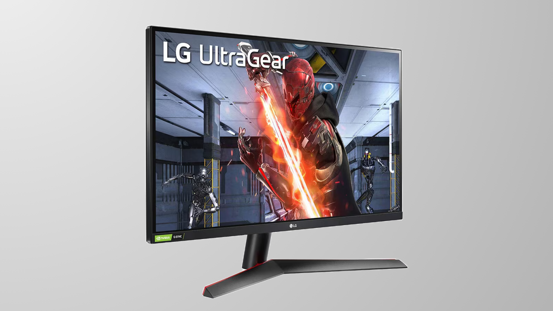 An LG 27GN800-B monitor against a gray background. 