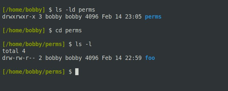 Using the cd command to enter a directory with execute permission and the ls command to list details of files inside it.