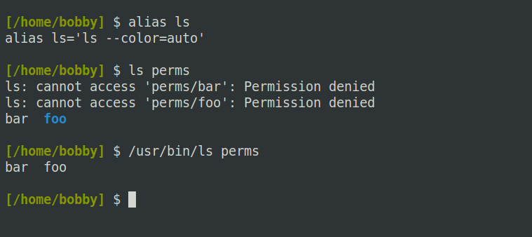 An aliased ls showing permission errors on a directory that is not executable.