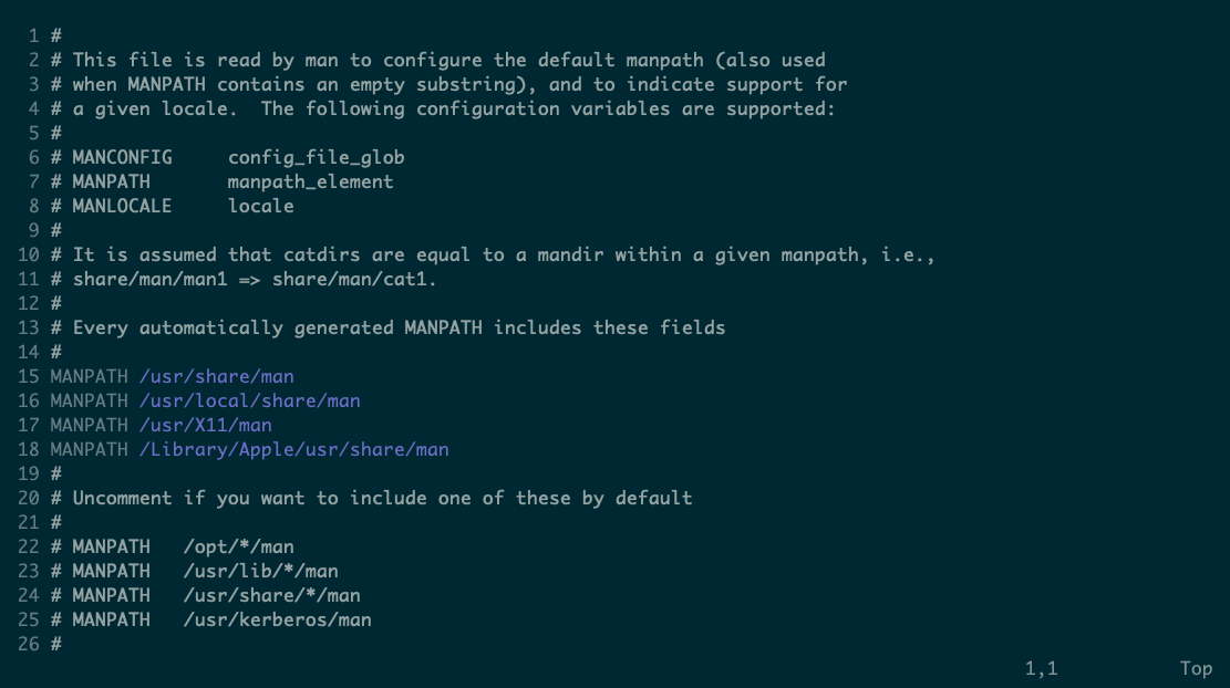 A text file showing configuration settings with comments explaining the MANPATH variable