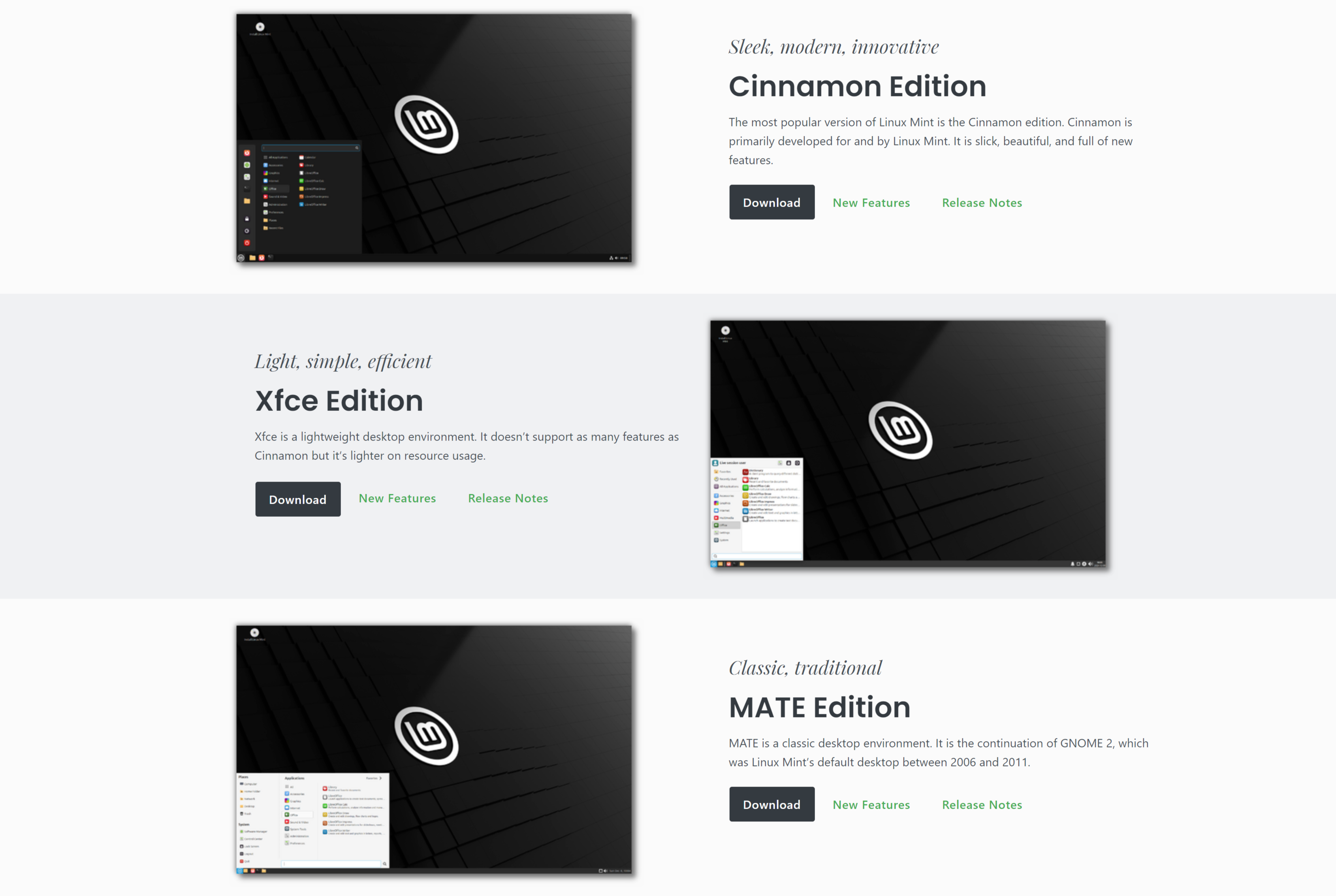 Linux Mint Download Page showing Cinnamon, MATE, and Xfce editions.