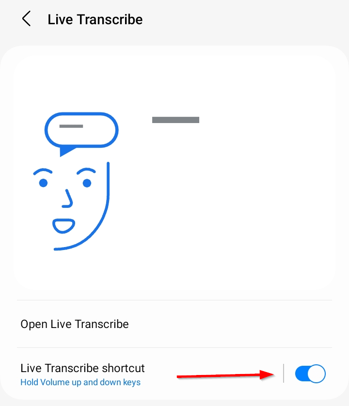 The 'Live Transcribe Shortcut' toggle in the settings.