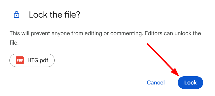 A confirmation message to lock a file in Google Drive.