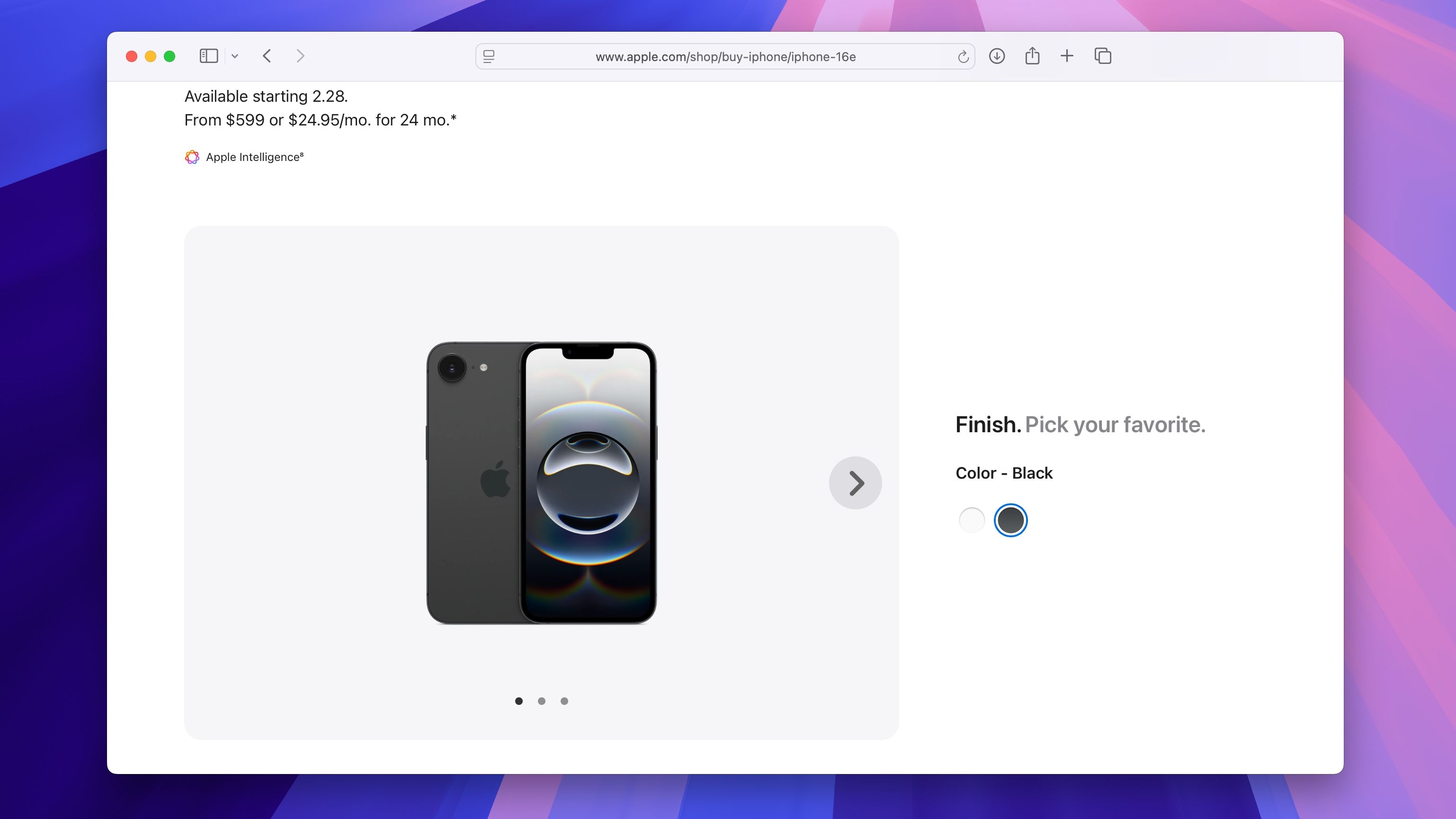 Choosing iPhone 16e color on Apple's online store in Safari for Mac.
