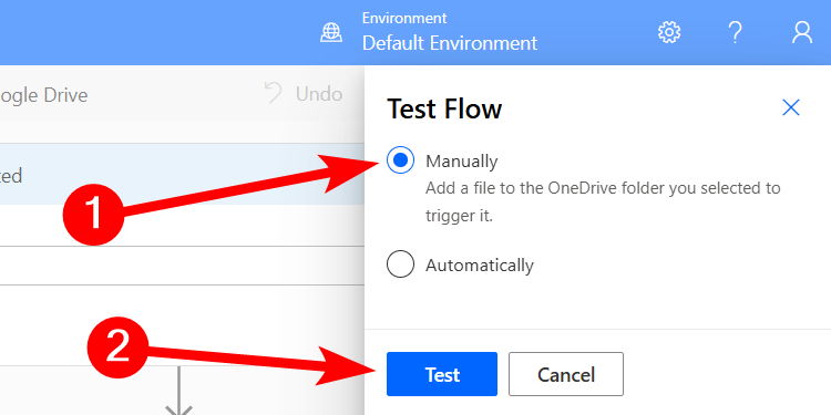 Manually starting a test in Power Automate for web.