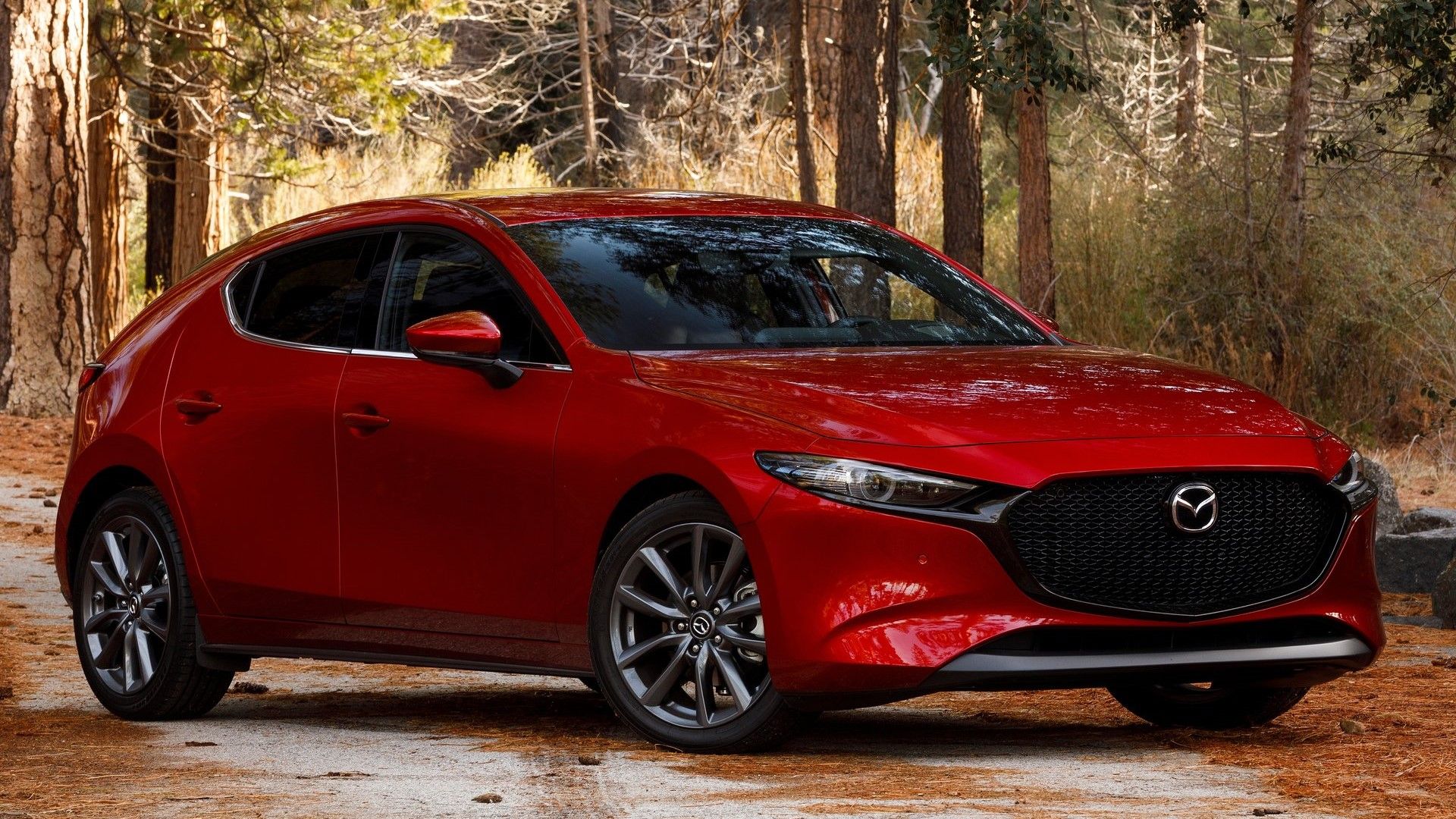 Front 3/4 shot of a 2019 Mazda 3 