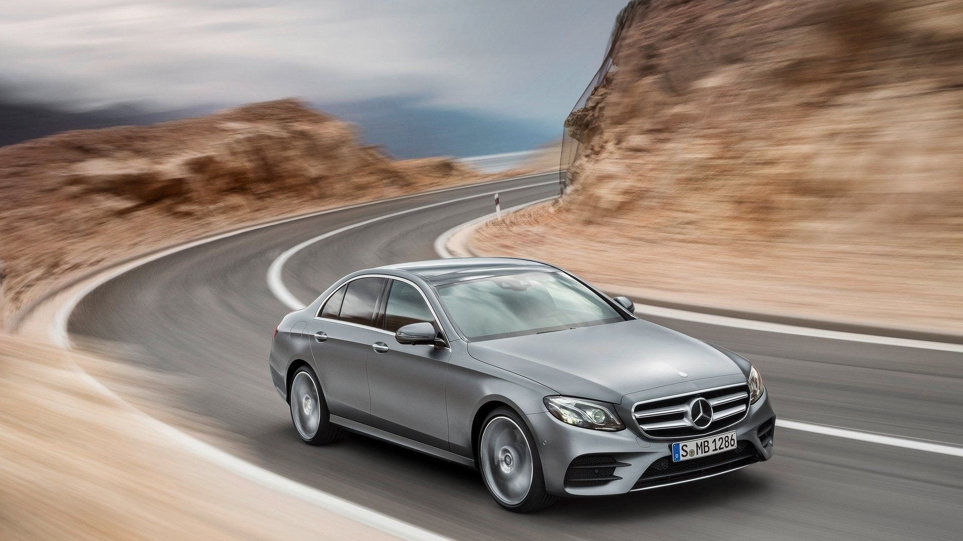 Front 3/4 action shot of a 2017 Mercedes-Benz E-Class 