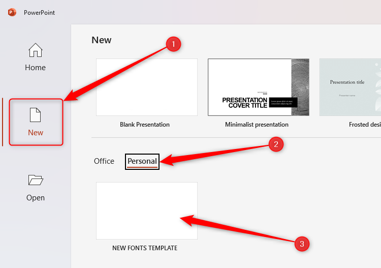 Microsoft PowerPoint's welcome screen, with a personalized template called NEW FONTS TEMPLATE selected in the Personal section of the New menu.