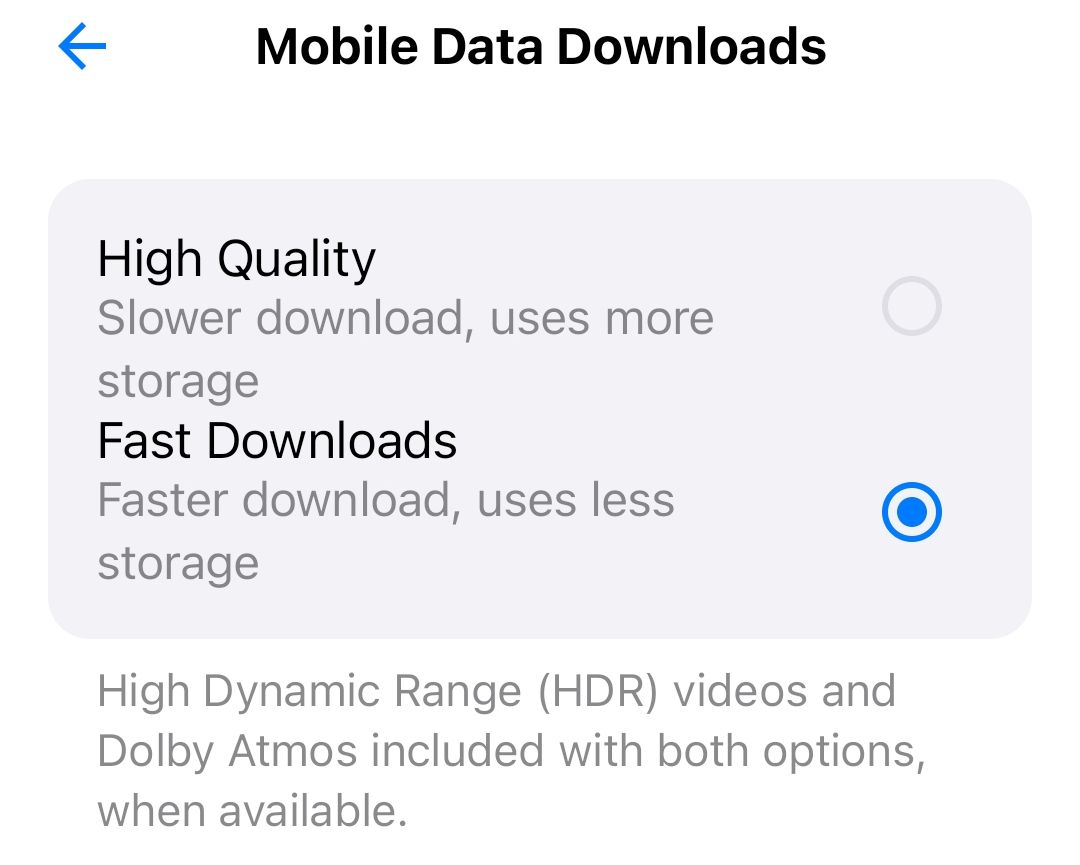 Mobile Data Downloads settings on the Apple TV+ Android app.