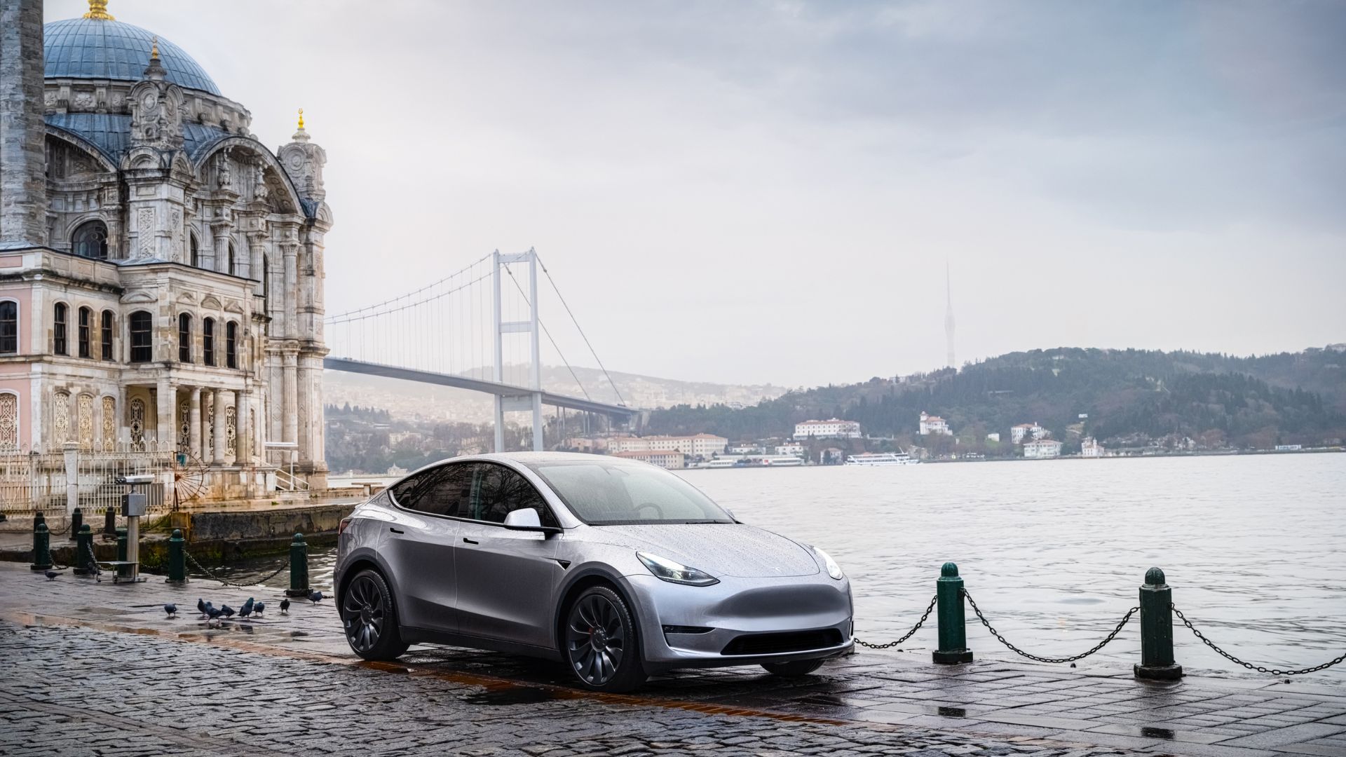 A silver Tesla Model Y parked on cobbles with a bay of water in the background.