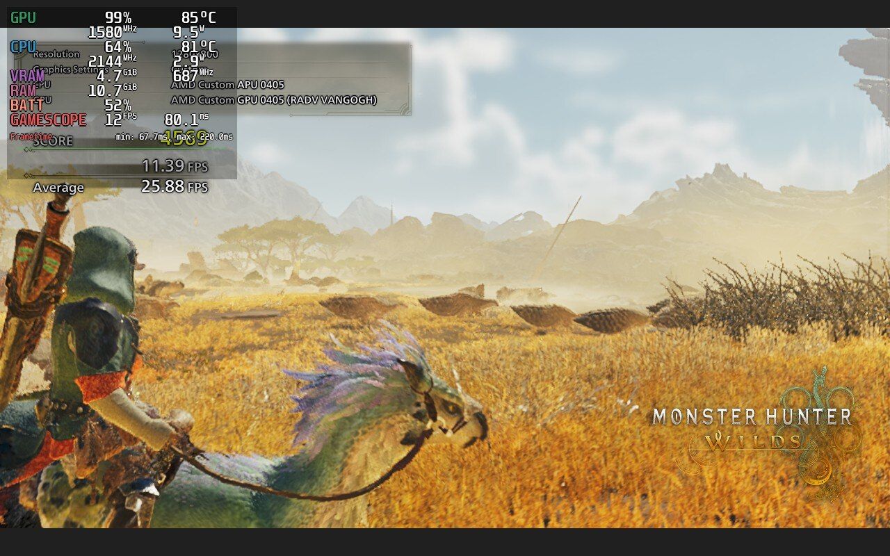 Monster hunter Wilds Benchmark Screenshot taken on a Steam Deck. 