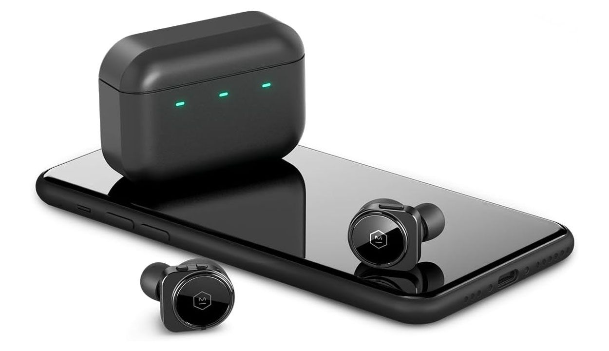 MW09 in-ear headphones with their wireless charging case.