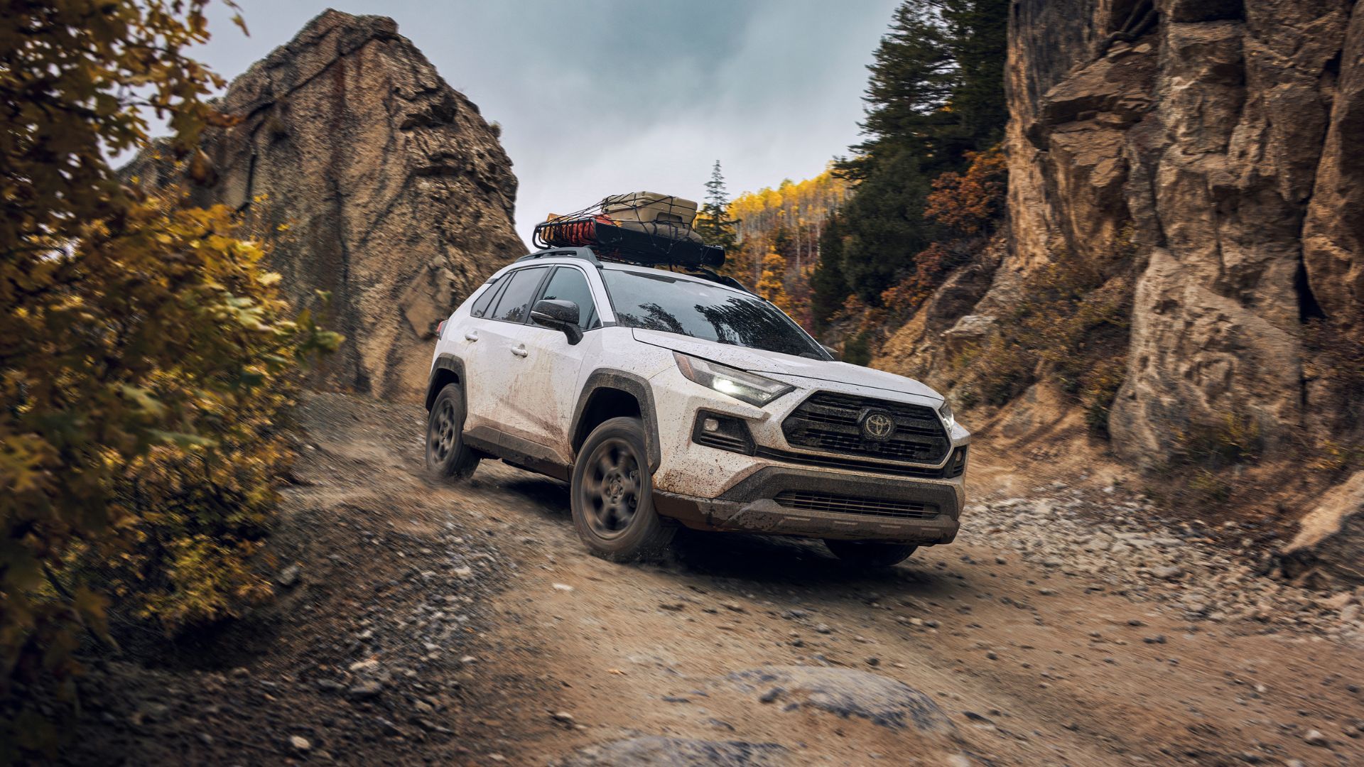 White 2024 Toyota RAV4 Hybrid off-roading.