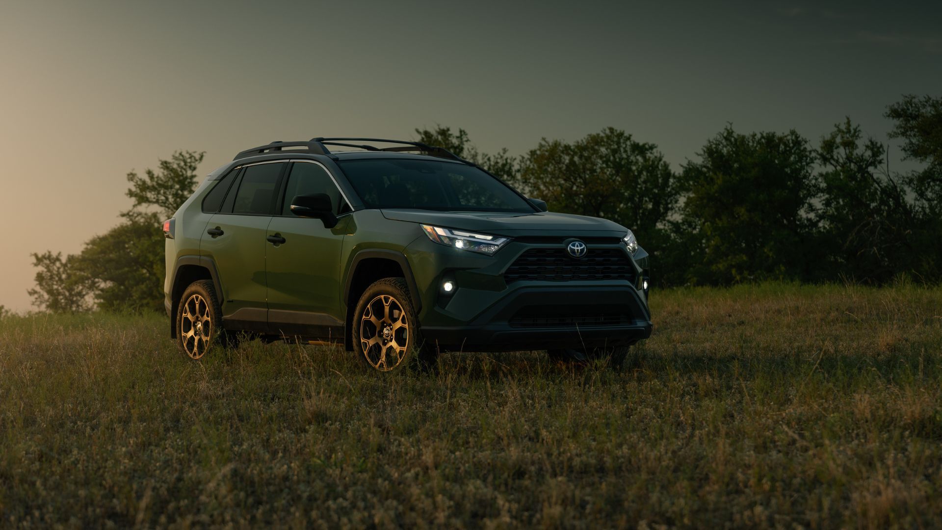 Front of army green 2024 Toyota RAV4 Hybrid parked on grass with trees int he background at nightfall.