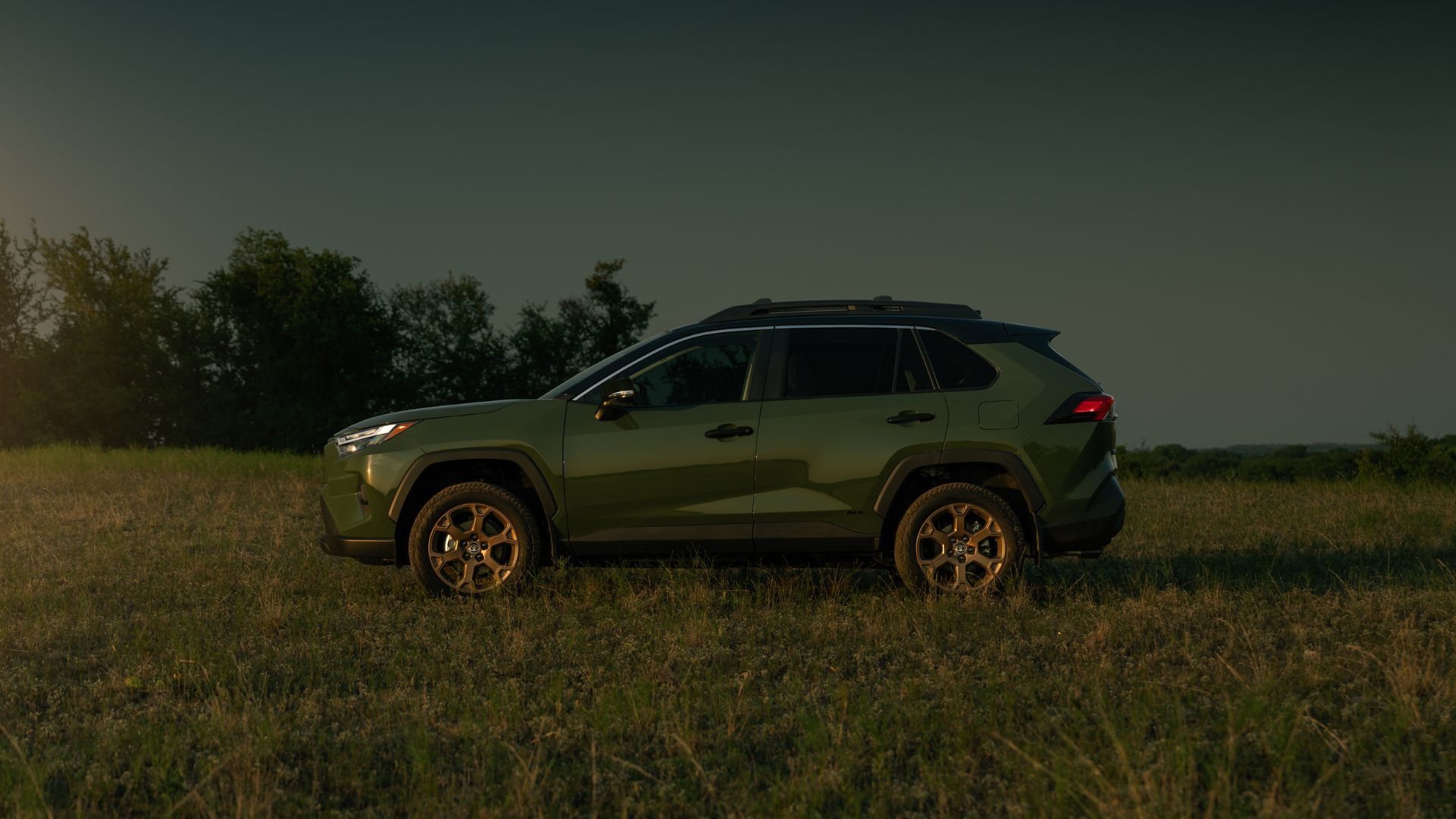 Side profile of army green 2024 Toyota RAV4 Hybrid parked on grass with trees in the background at nightfall.