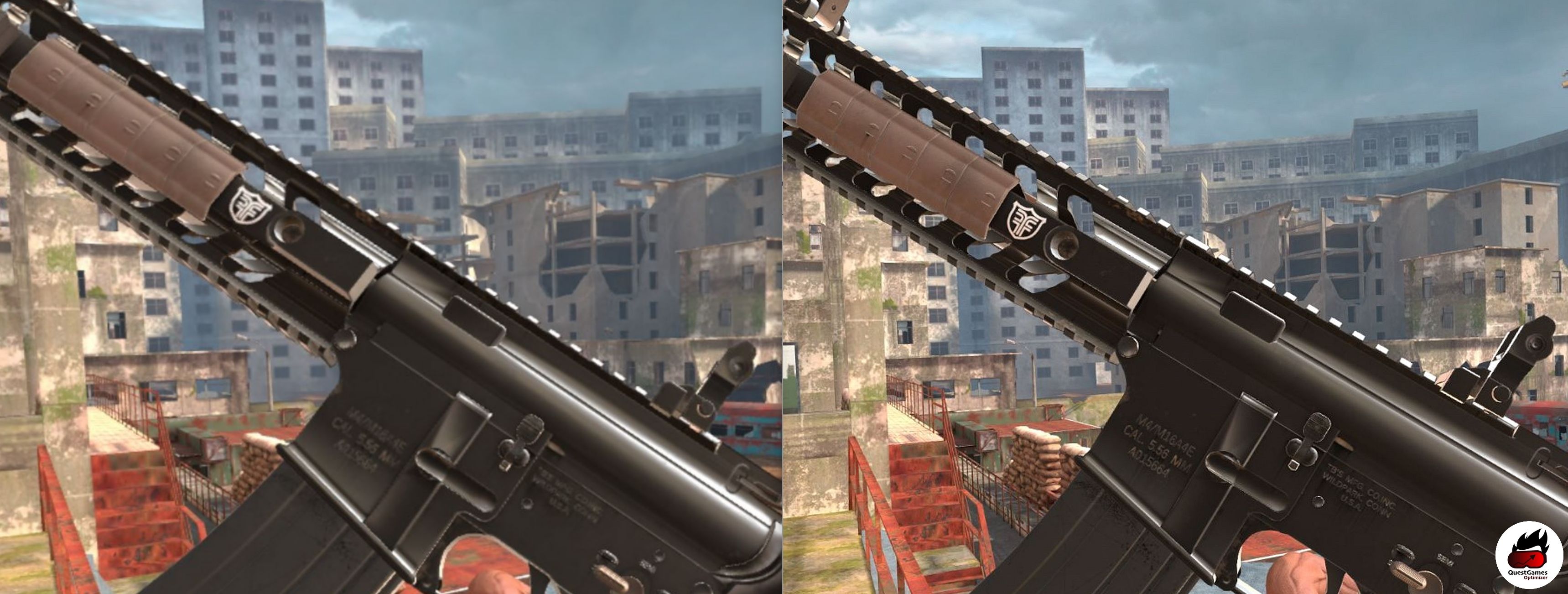 Comparison of resolution of gun with and without Quest Games Optimizer.