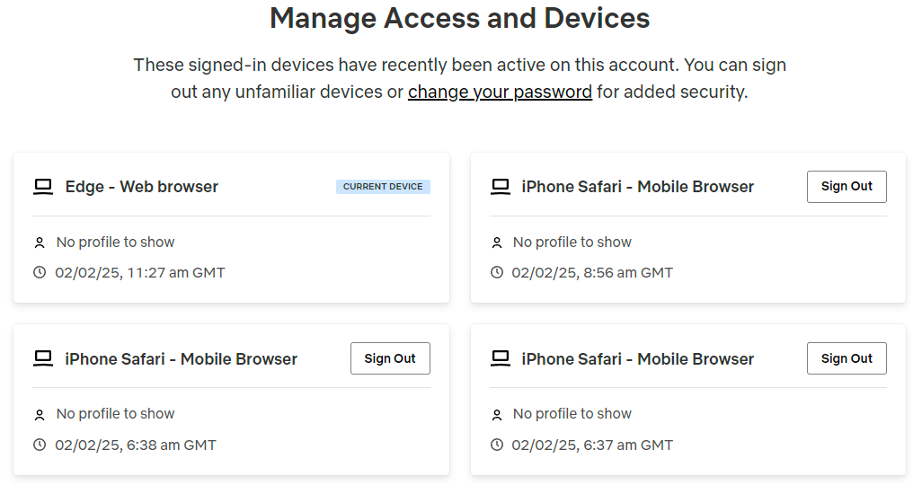 manage access and devices options in Netflix security settings