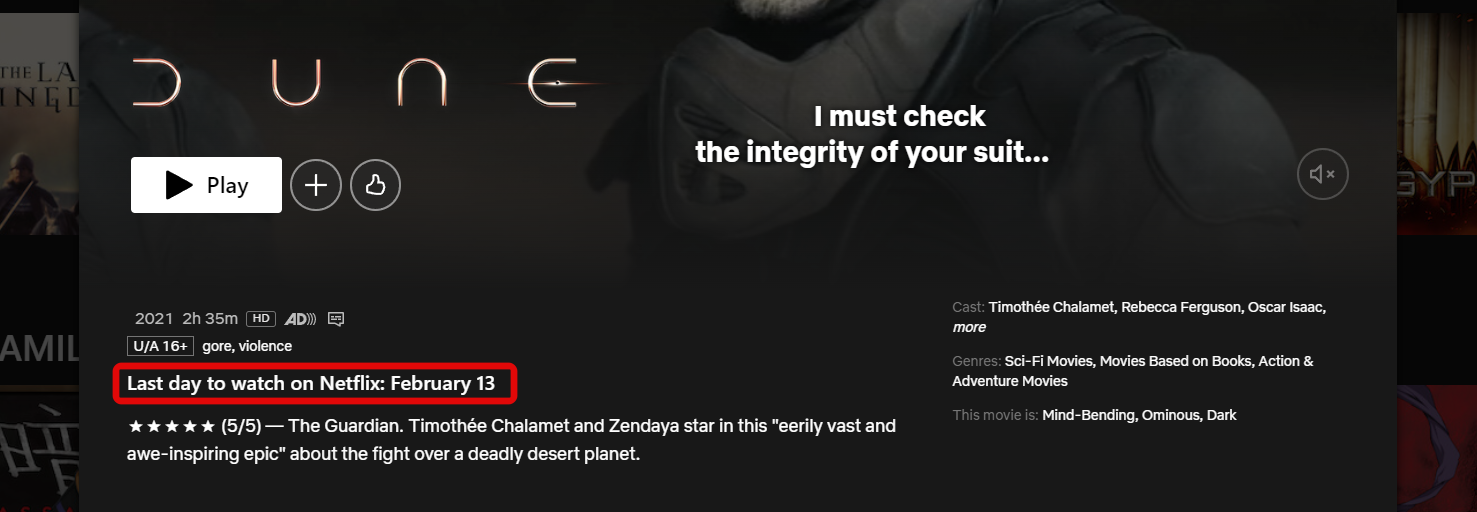 netflix screenshot showing the last day to watch dune