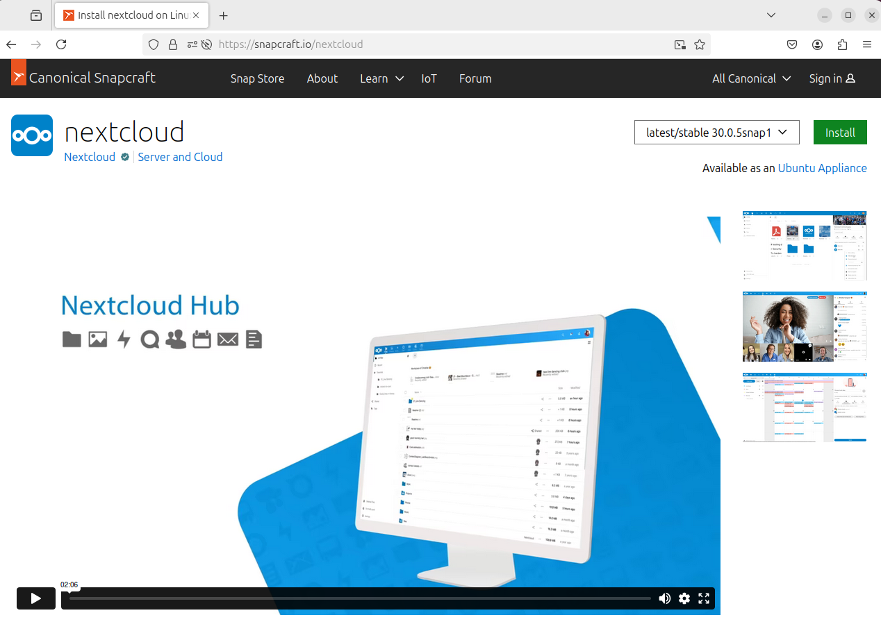 Web broswer showing the Nextcloud snap download page on SnapCraft website.