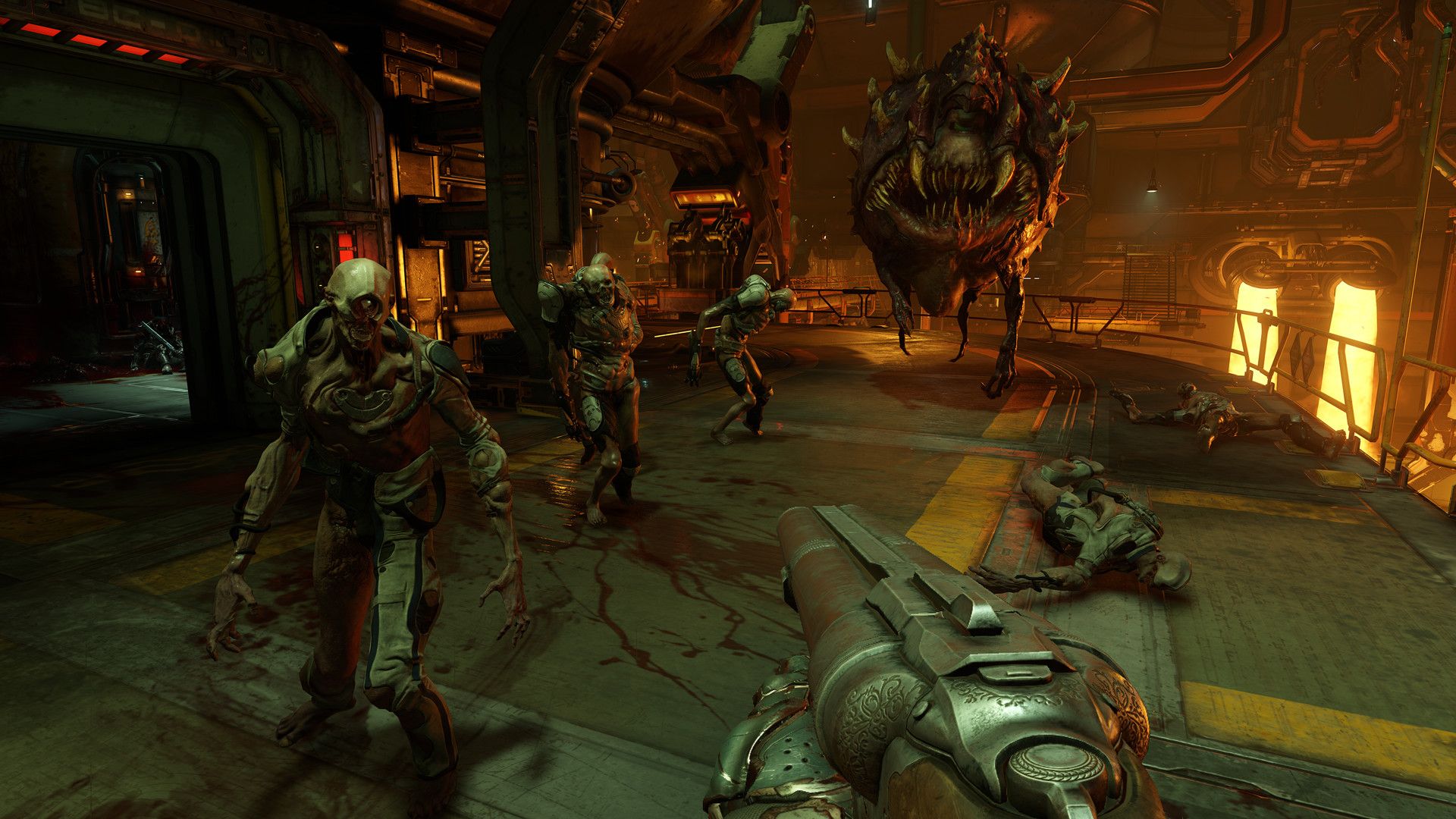 Official DOOM 2016 screenshot showing various demons and the player's shotgun.