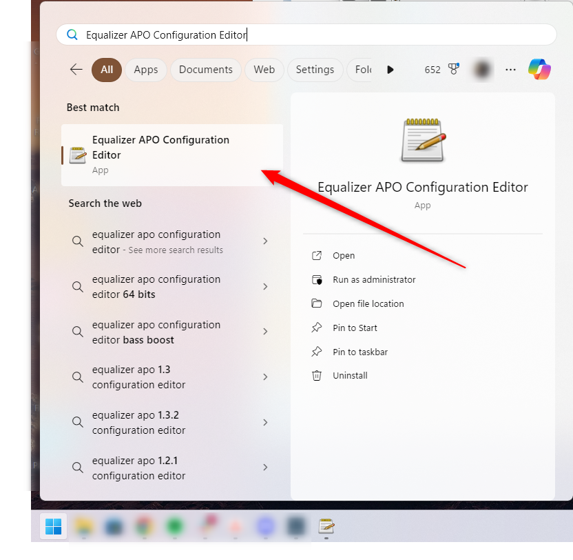 The Windows Start menu with "Equalizer APO Configuration Editor" typed into search.