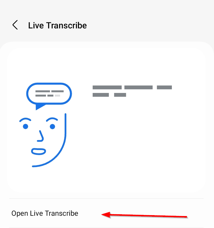 The 'Open Live Transcribe' option in the Live Transcribe settings.