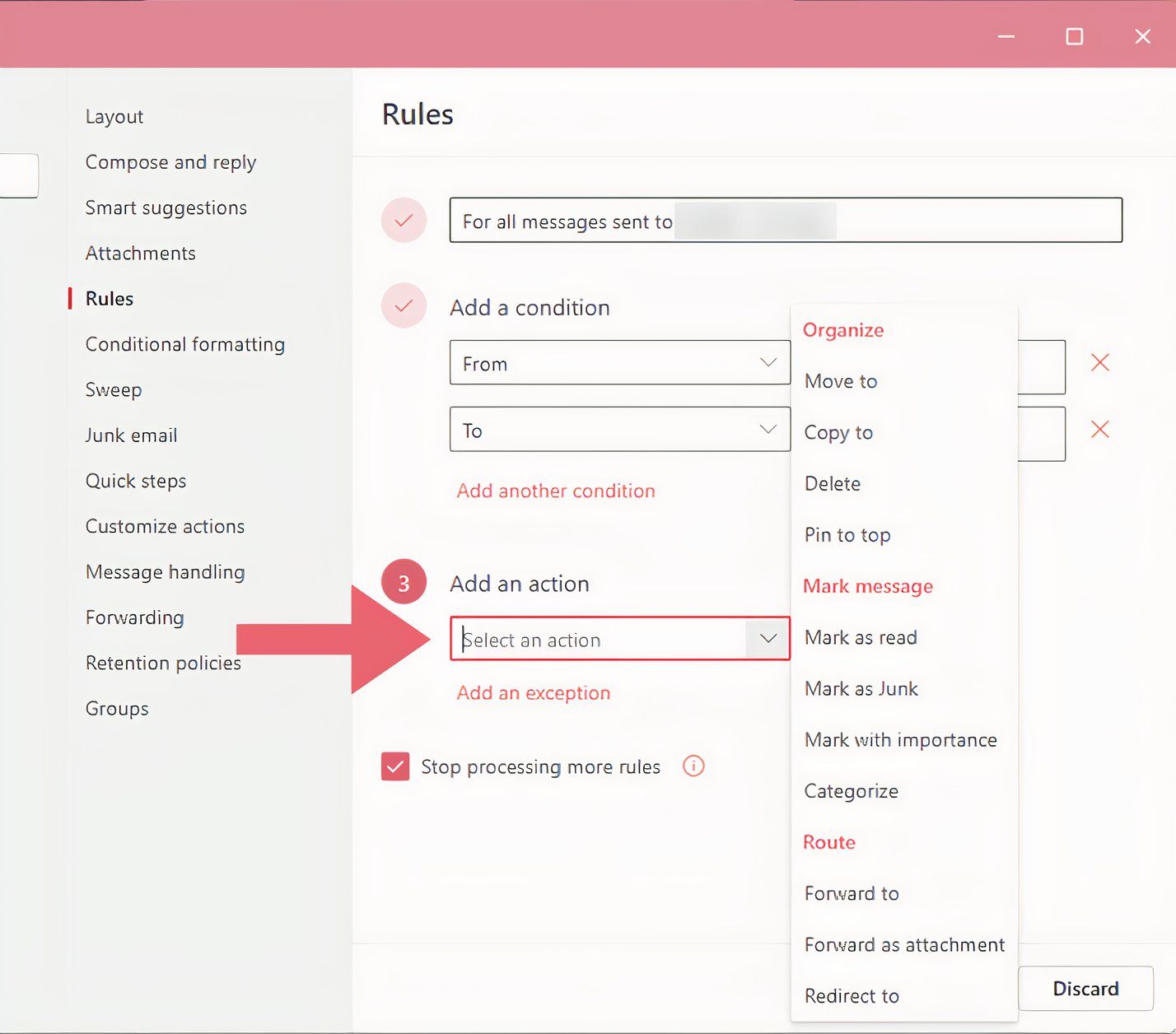 Screenshot of the Action drop-down menu in the Rules setup screen in "New" Outlook on desktop