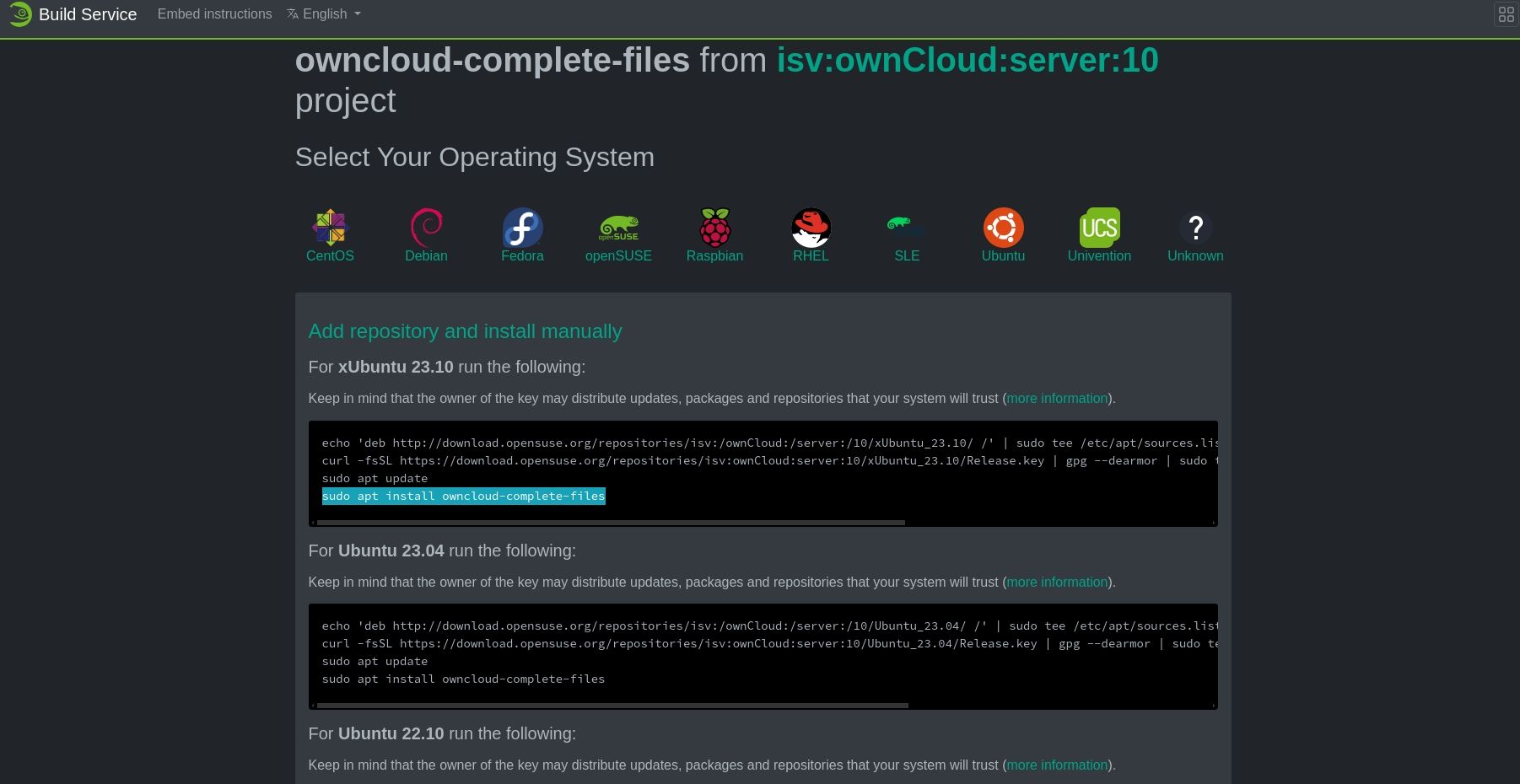 ownCloud server download installation and instructions page in a web browser