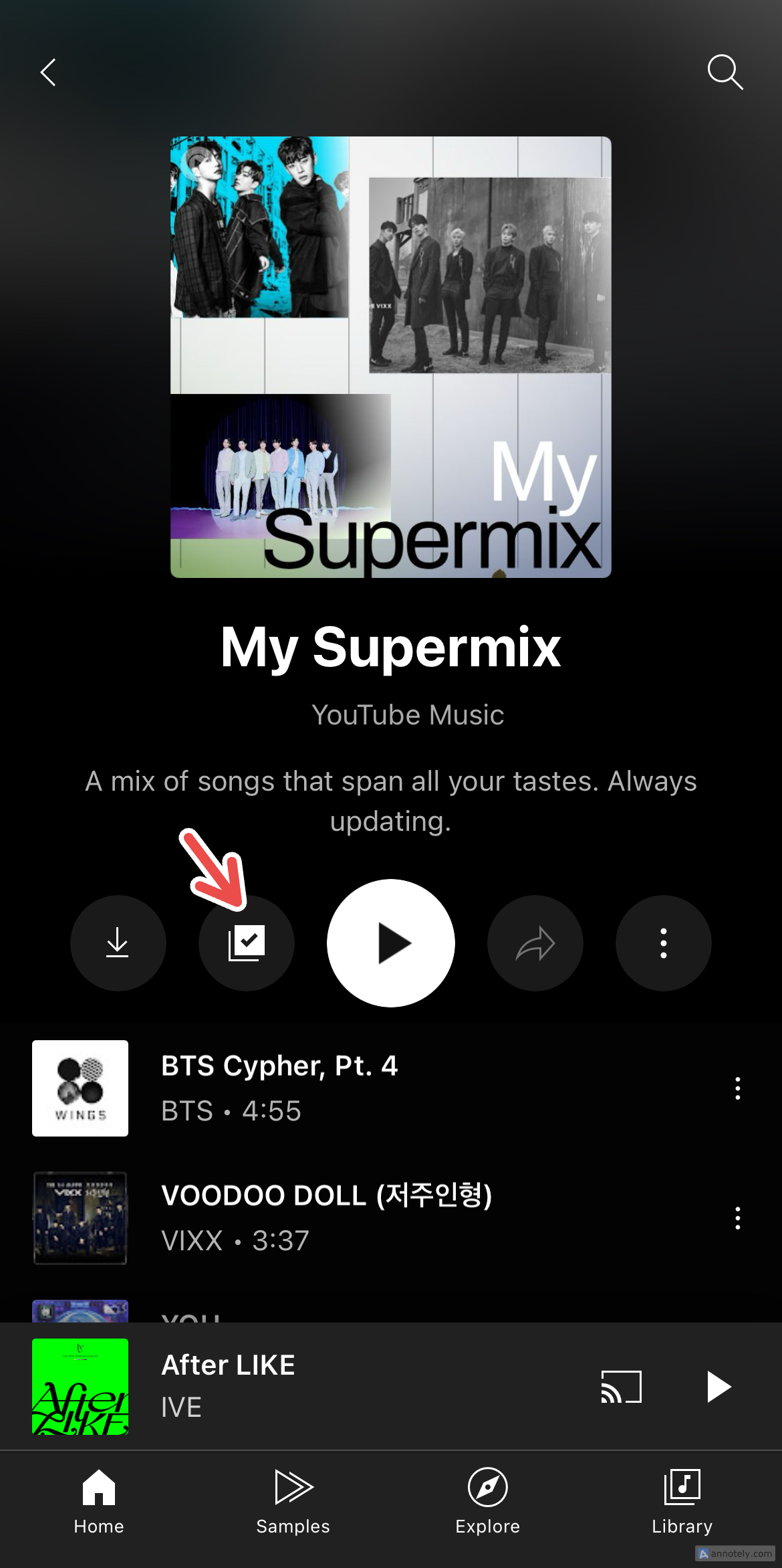 Saving Supermix to YouTube Music's library.