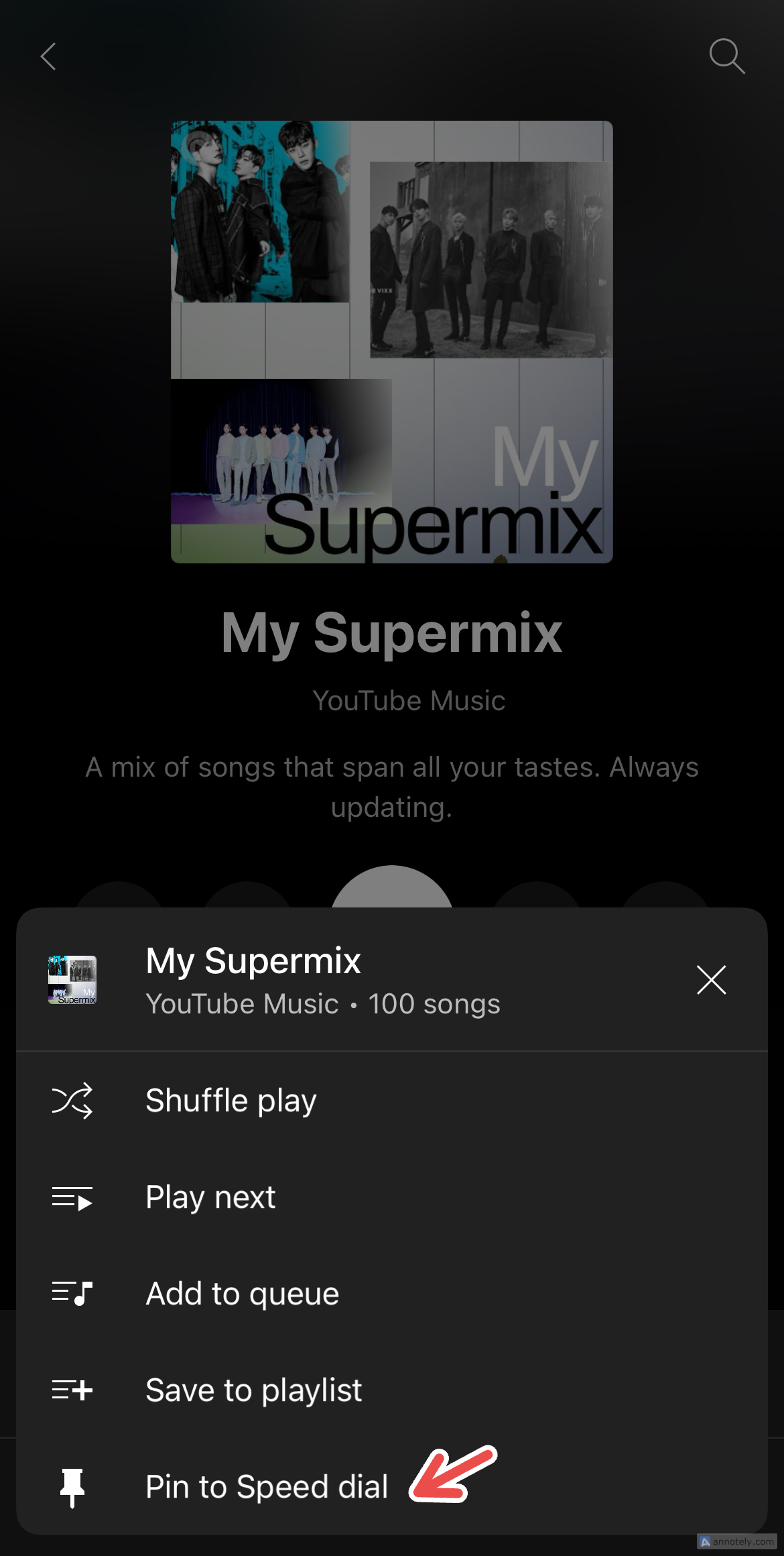 Pinning Supermix to YouTube Music's Speed Dial.