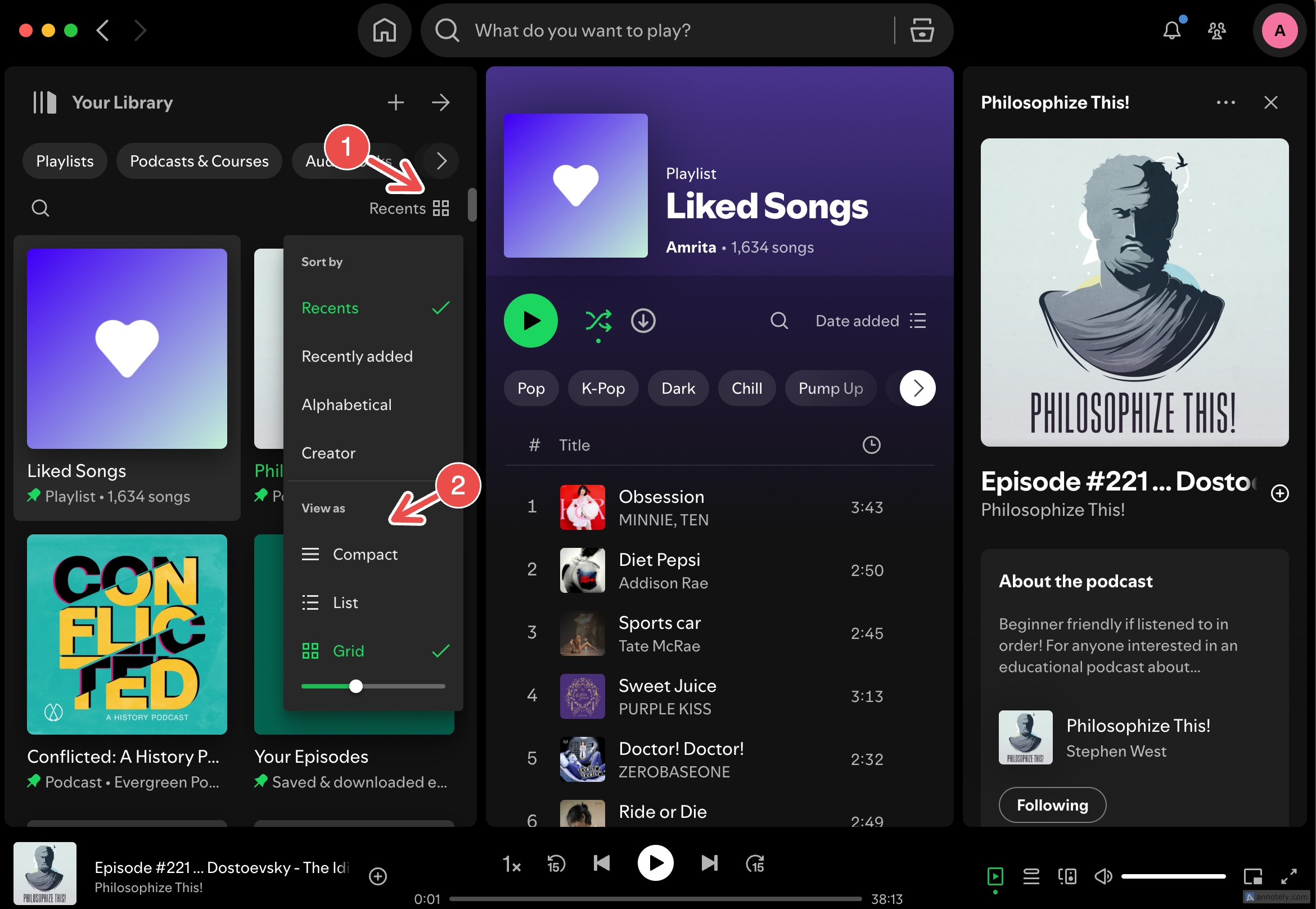 Changing Spotify's library layout on the desktop app.