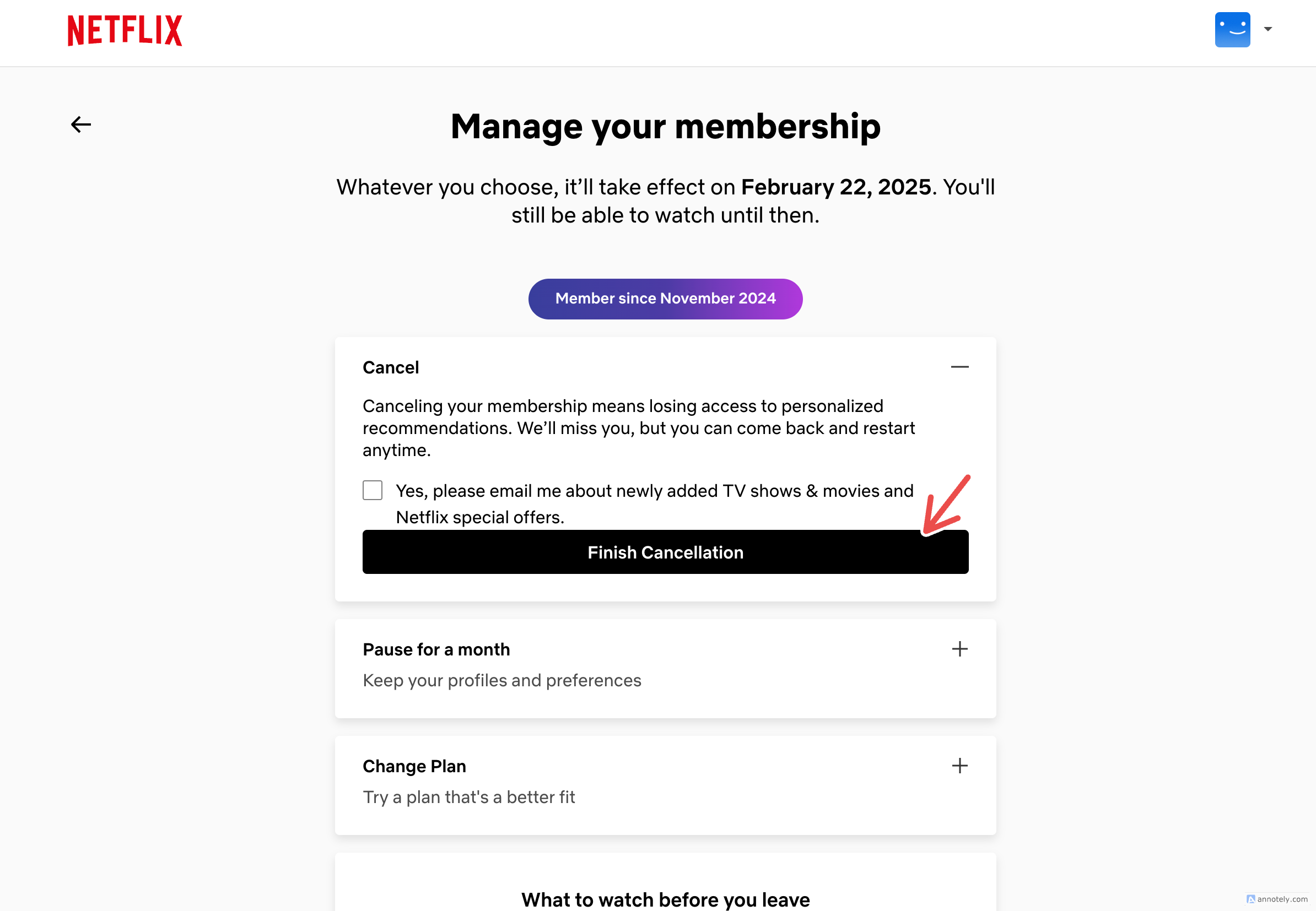 Completing your Netflix account cancelation.
