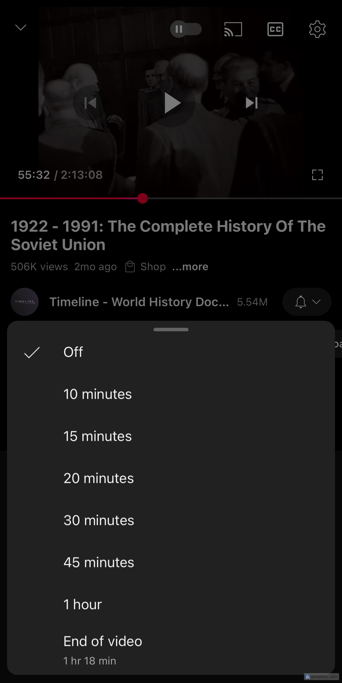 Turning on YouTube's Sleep Timer.