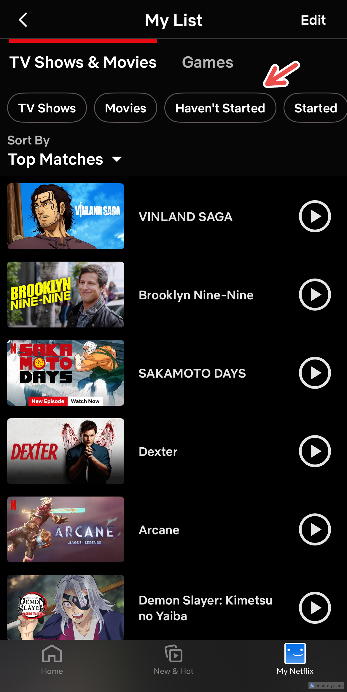 Sorting Netflix's "My List" on the mobile app.