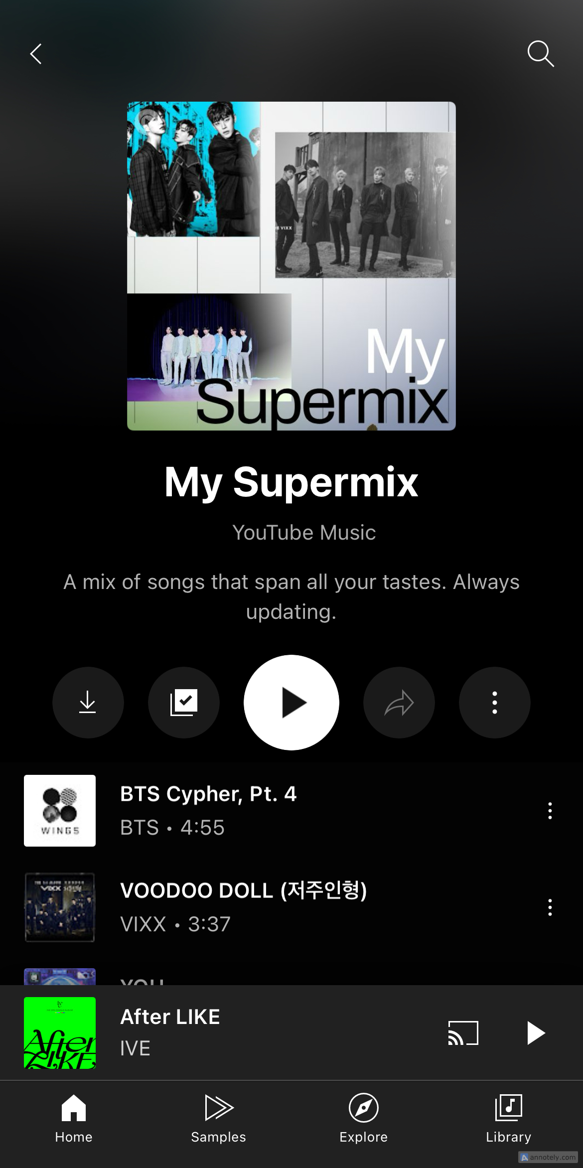 A look at YouTube Music's Supermix playlist.