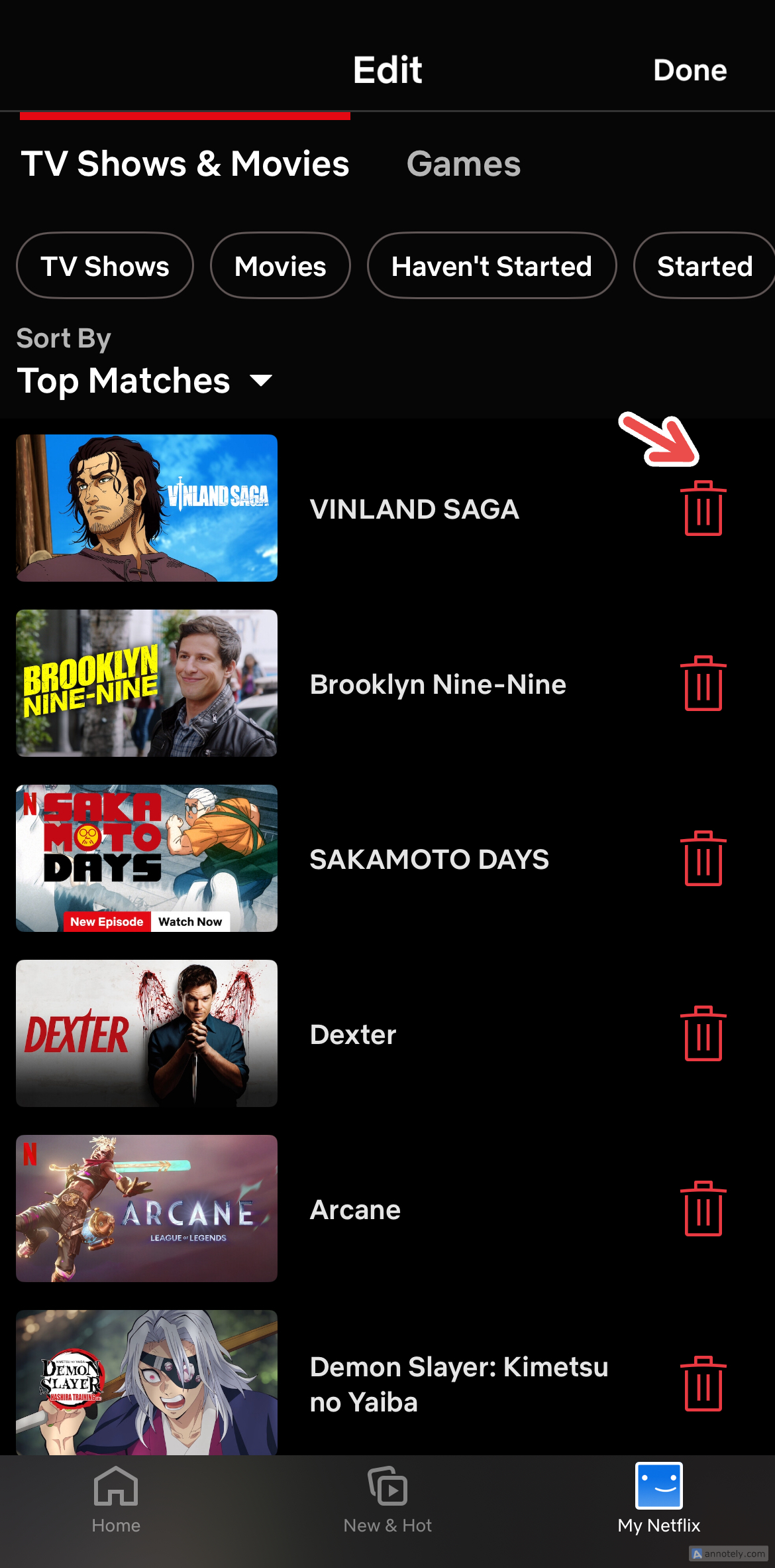 Removing a title on Netflix to "My List" on the mobile app.