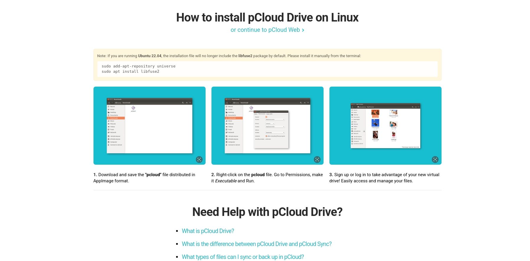 Web browser showing pCloud Linux app download options.