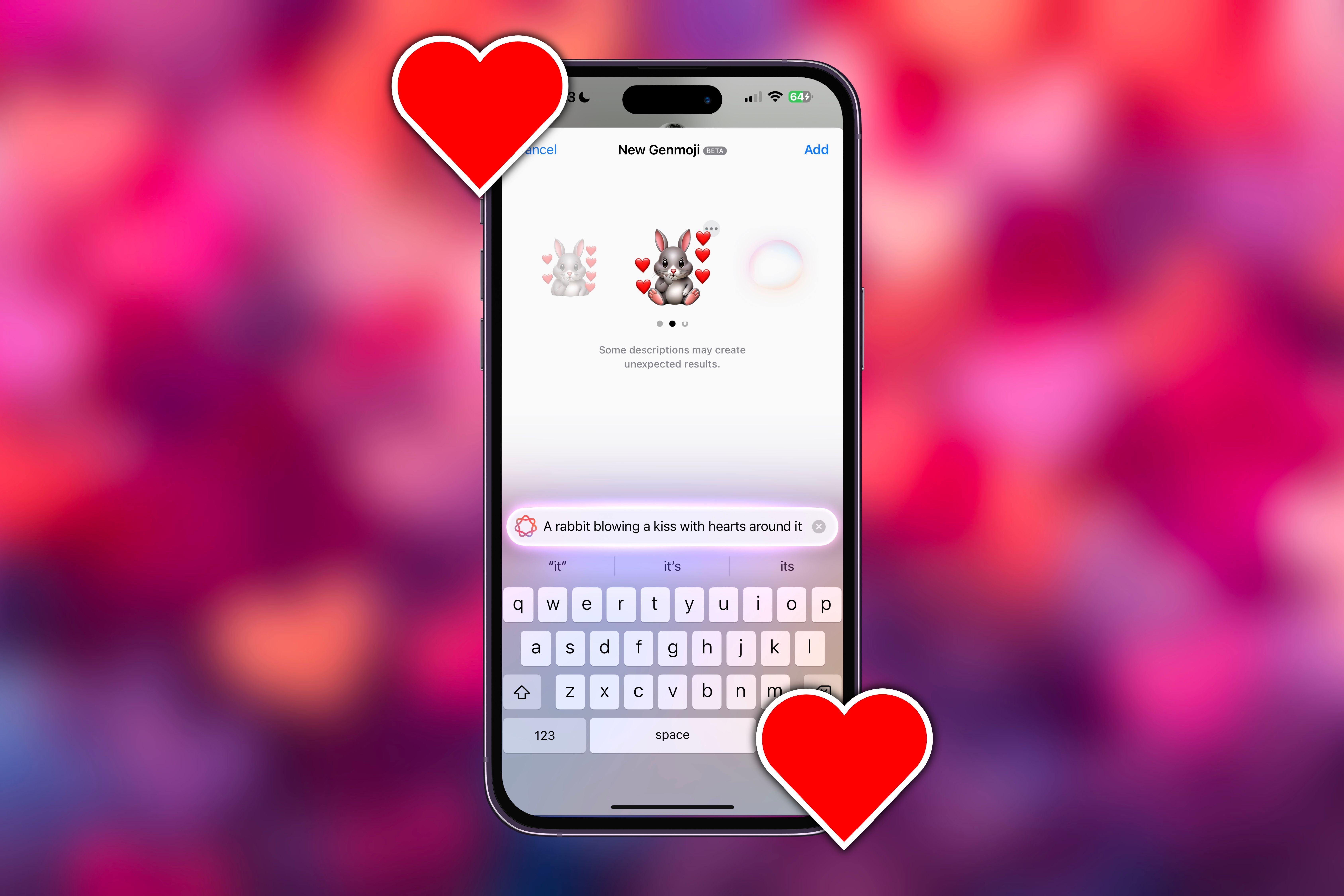 A personalized emoji, crafted using Genmoji on an iPhone, surrounded by hearts.