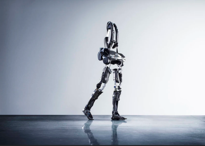 The Phoenix robotic exoskeleton, enabling people to stand and walk with the aid of crutches.