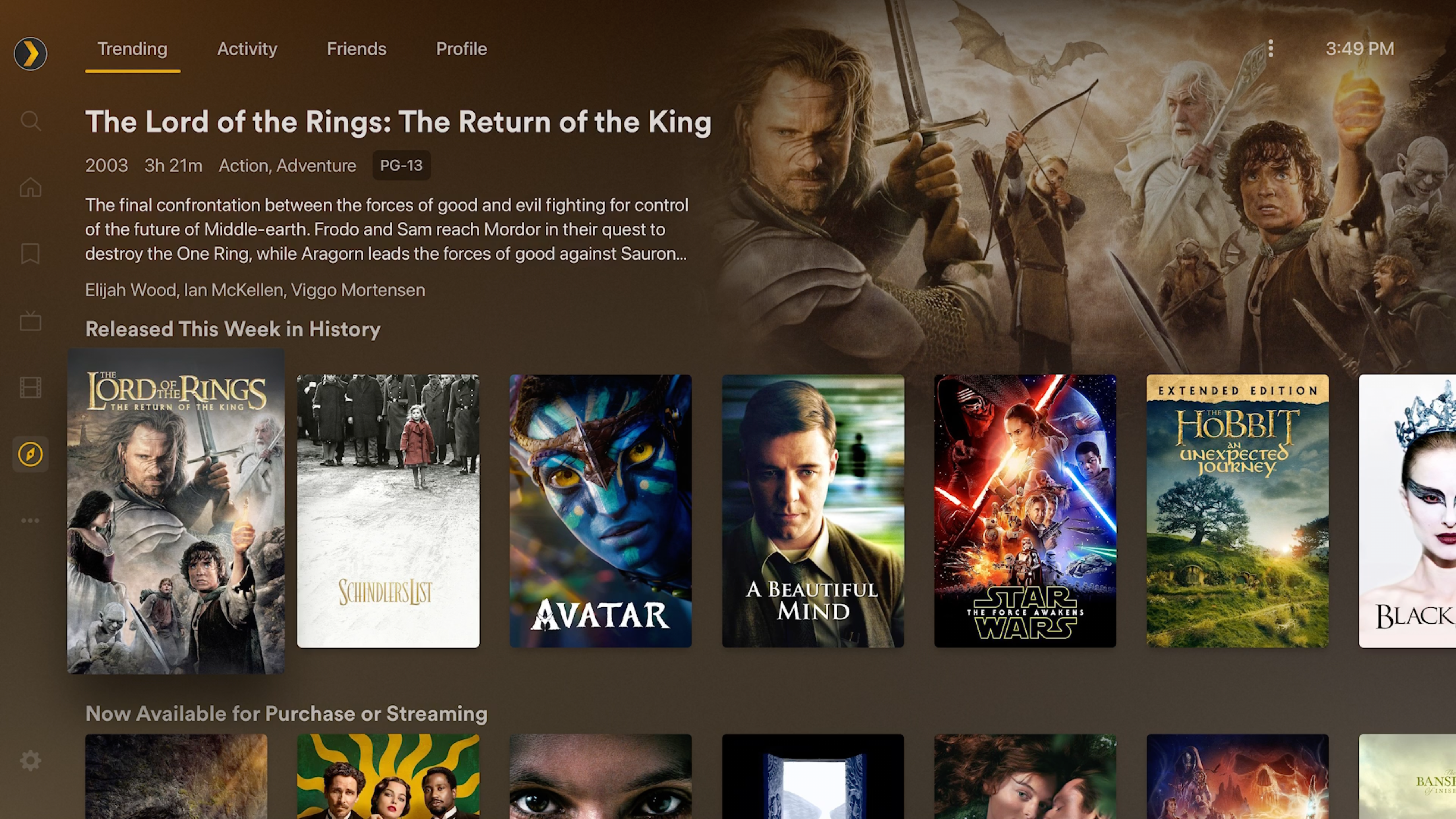 The Discover page of Plex showing recommended movies that are trending and released that week.