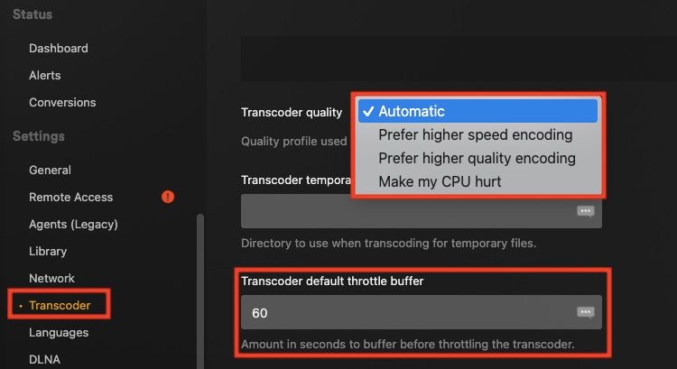 Plex's transcoder settings, with boxes highlighting the "transcoder" menu, the transcoder quality options, and the transcoder default throttle buffer.