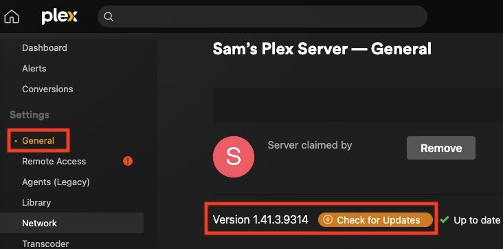 The general menu for a Plex server with the version number and "Check for updates" button highlighted.